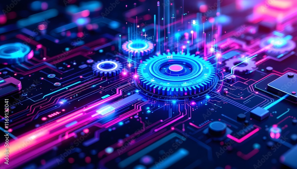 Fototapete abstract futuristic circuit board with gears and glowing data flow