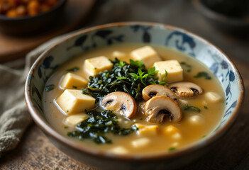 a bowl of creamy miso soup with visible tofu cubes, mushrooms, and seaweed