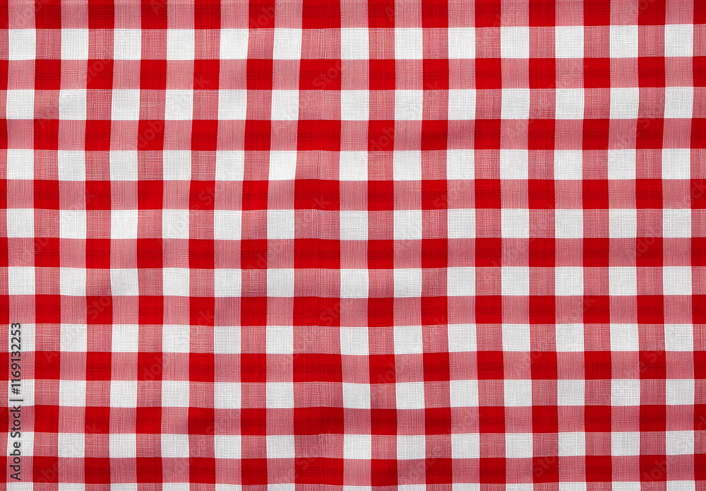Poster red and white checkered tablecloth top view table cloth texture background red gingham pattern fabri