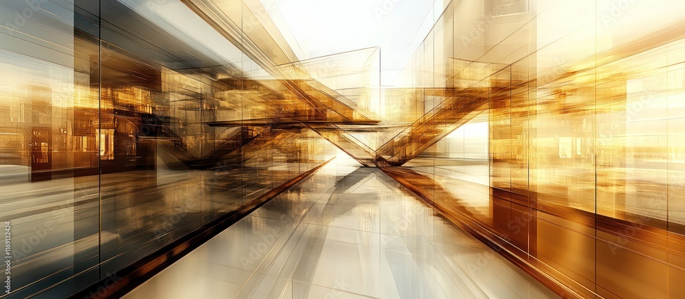 Poster abstract modern architecture interior design with gold and glass elements.