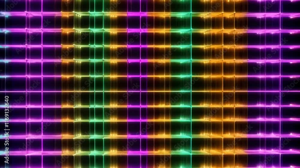 Poster a vibrant abstract grid of glowing neon lights showcasing dynamic motion and energy in a futuristic 