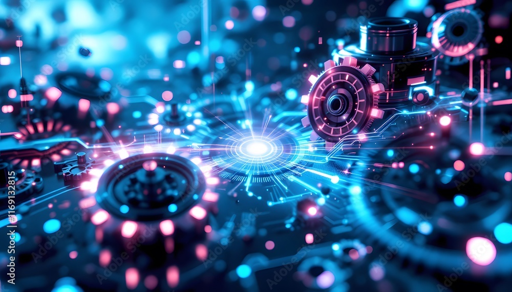 Poster abstract futuristic circuit board with gears and glowing data flow