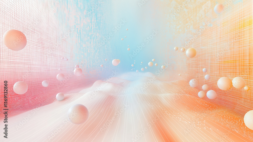 Poster A holographic mesh grid with floating data points in pastel colors. The design is light and futuristic, with an abstract, clean look