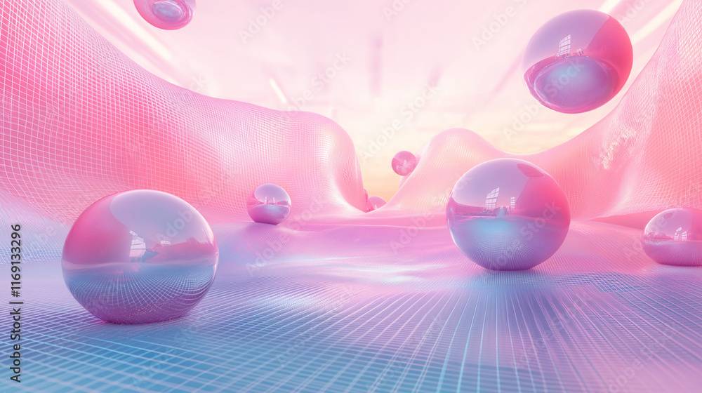 Poster Abstract holographic data mesh in pastel tones. A clean and futuristic background ideal for digital branding and tech-inspired visuals