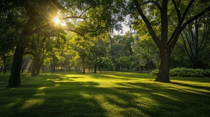 Obraz premium Sun rays break through the crowns of trees in the park, creating a peaceful atmosphere. This image is perfect for environmental projects, nature blogs and advertising of park areas and green spaces.