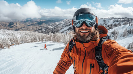 Smiling man in ski gear taking selfie on snowy mountain peak. Concept of adventure.