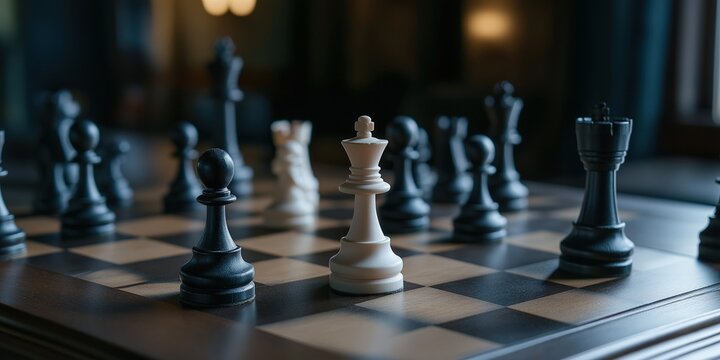Chessboard pieces arranged in a checkmate scenario symbolising business strategy