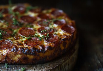 Delicious Pepperoni Pizza with Crispy Crust and Fresh Herbs Displayed on a Rustic Wooden Board in a Dark Background for Culinary Inspiration
