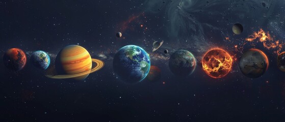 Naklejka premium This is an image of the planets of the solar system against the background of space. Suitable for illustrations in astronomy textbooks, popular science articles and presentations about space.