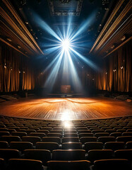 Empty theater stage with a single bright spotlight creating dramatic shadows and highlighting the performance area
