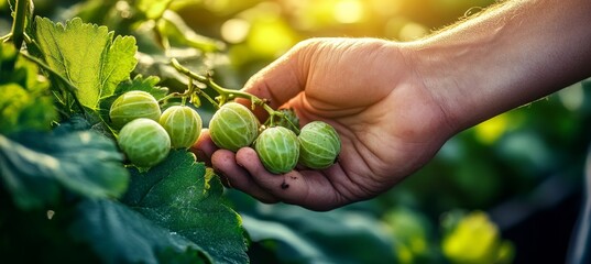 Sun-kissed Harvest Hand Gently Picks Ripe Gooseberries From a Lush Green Bush on a Summer Day