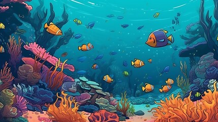 Vibrant Reef Scene With Colorful Fish Swimming Amongst Coral