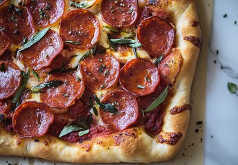 Delicious Pepperoni Pizza with Fresh Basil and Golden Crust, Perfectly Baked with Mouthwatering Toppings, Ideal for Food Lovers and Culinary Enthusiasts