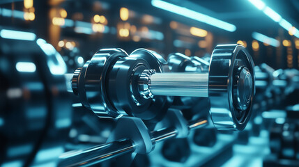 Naklejka premium Rows of dumbbells of various sizes in a fitness center