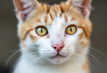 A close-up portrait of a white cat with orange patches, piercing yellow eyes, and a pink nose