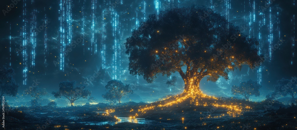 Poster illuminated tree in a mystical forest at night, with glowing lights and a stream.