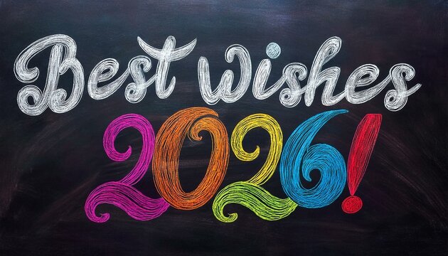 best wishes for 2026 text number new year handwritten greetings on a blackboard chalkboard hand written chalk writing colorful numbers
