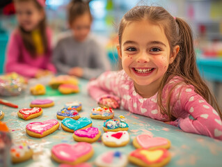 Children creating edible art by decorating heart-shaped cookies in an artistic setting.
