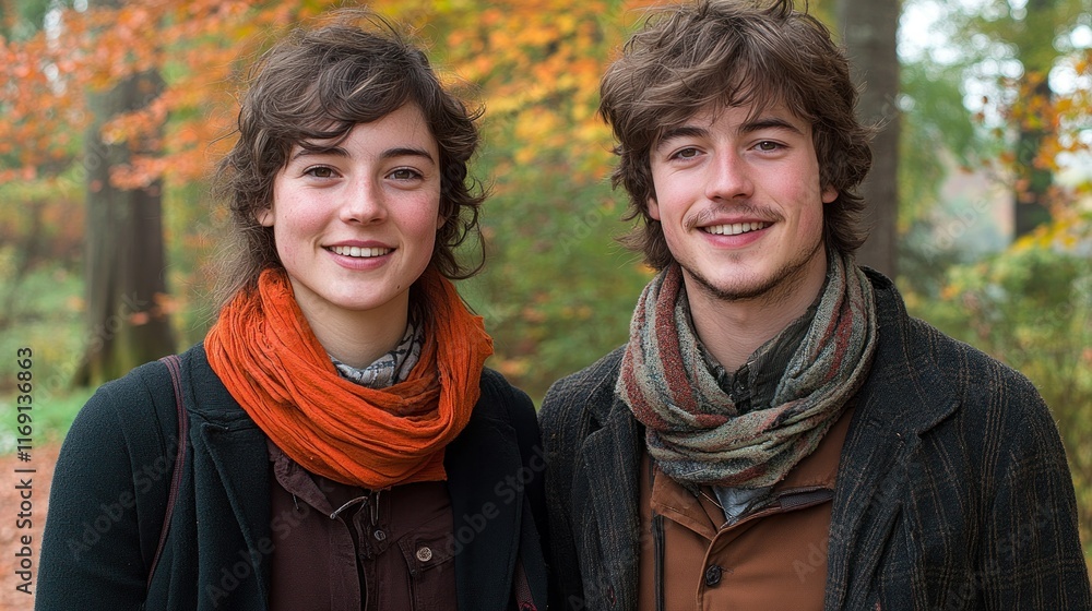 Poster two smiling individuals in a colorful autumn forest.