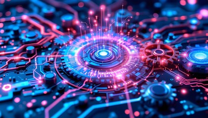 Abstract Futuristic Circuit Board with Gears and Glowing Data Flow
