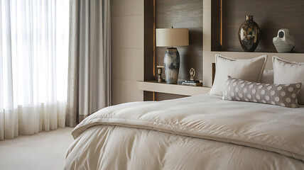 Fototapeta premium Beige Bedroom with Built-in Headboard and Sheer Curtains