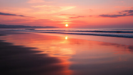 Fototapeta premium Dramatic Ocean Sunset Reflection On Calm Water Beach Landscape Natural Background