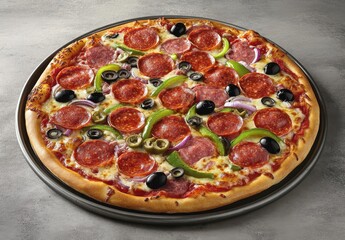 Delicious Pepperoni Pizza with Fresh Vegetables and Olives on a Round Metal Tray Ready to Be Served, Perfect for Any Casual Gathering or Dinner Party