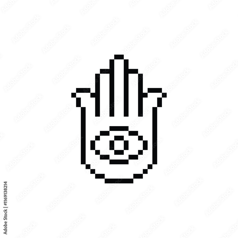 Poster pixel hamsa hand icon vector pixel art spirituality eye for 8 bit game