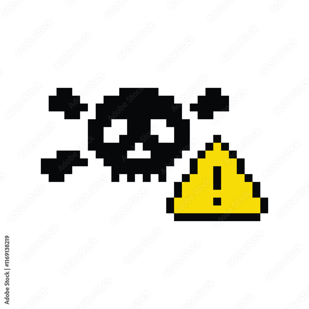 Poster virus skull icon. vector pixel art hacker cyber computer pc 8 bit pirate game logo