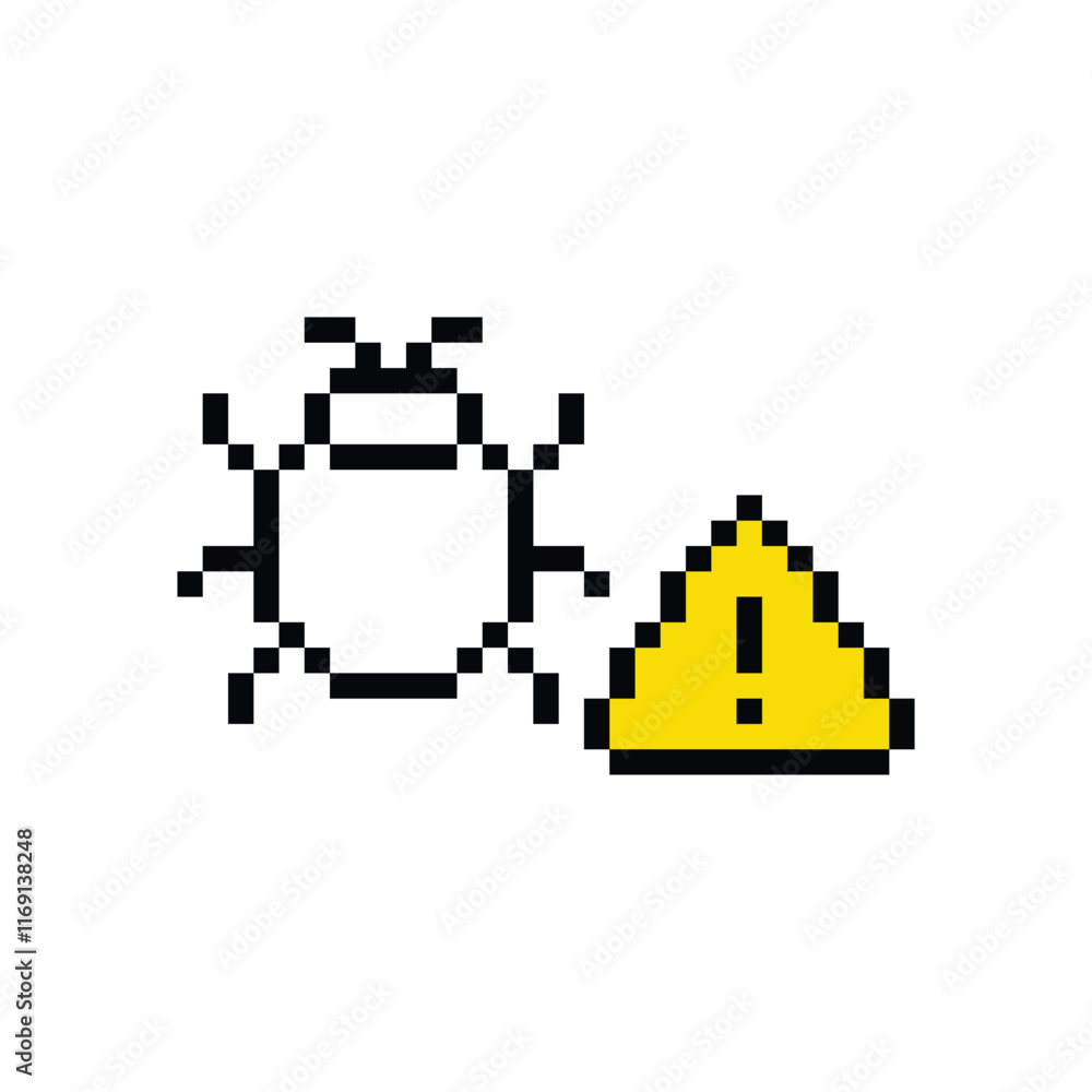 Poster pixel art mobile or computer pc virus vector game 8 bit icon cyber attack sign. protection, malware 