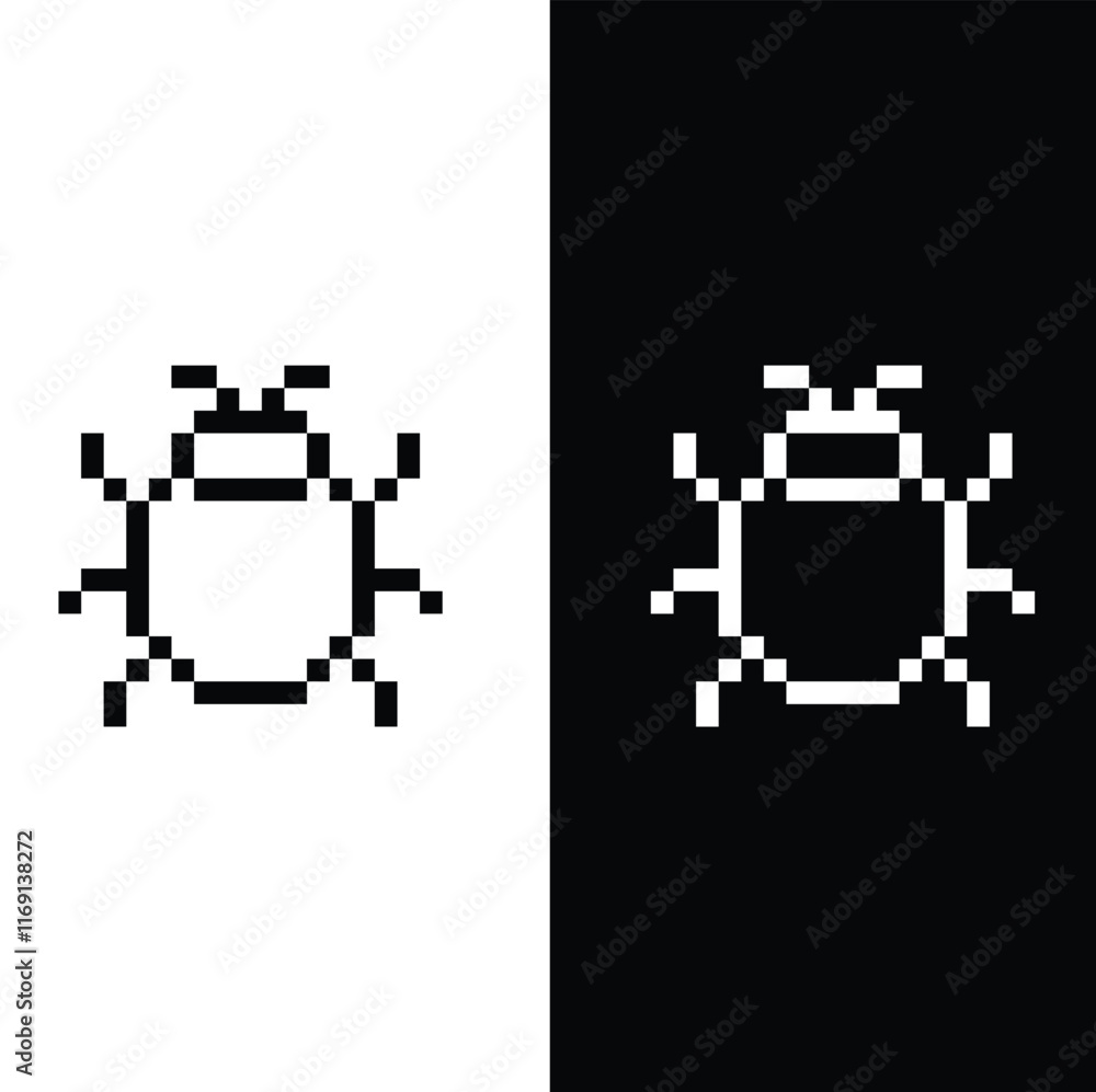 Poster pixel art mobile or computer pc virus vector game 8 bit icon cyber attack sign. protection, malware 