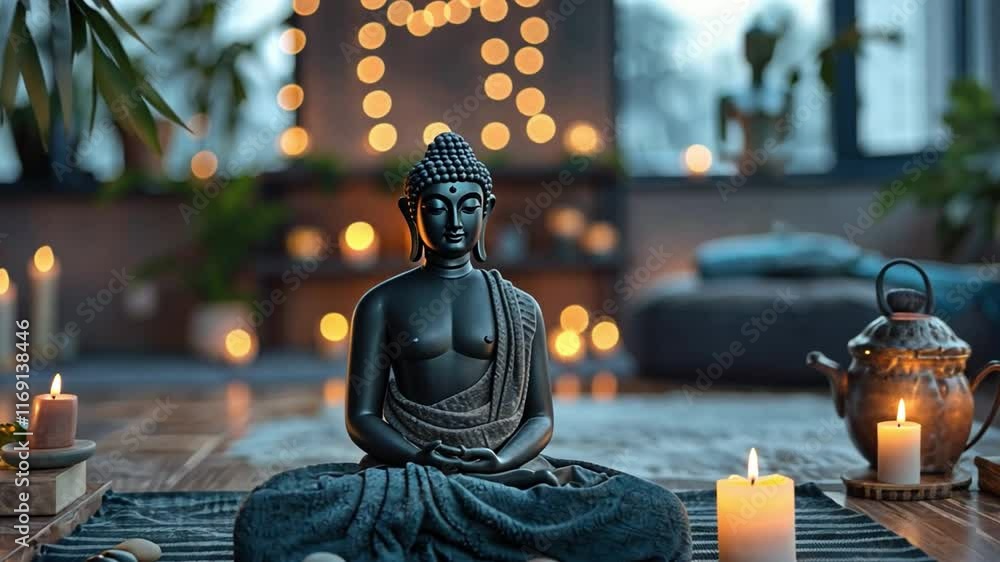 Aufkleber a peaceful meditation space showcases a black buddha statue sitting cross-legged amidst glowing cand