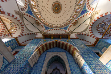 Interior of Rustem Pasa Mosque in Istanbul. Famous Rustem pasha mosque interior. Iznik blue tiles. Rustem Pasa Mosque most beautiful and classical