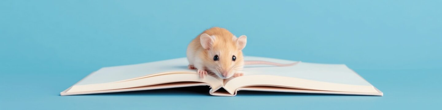 A small brown mouse is sitting on top of an open book wide panoramic banner with copy space.