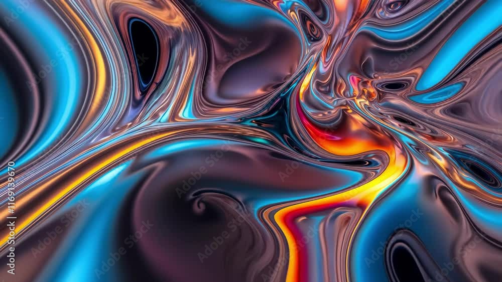 Poster an abstract visual frame featuring dynamic fluid shapes and vibrant colors, creating an energetic an
