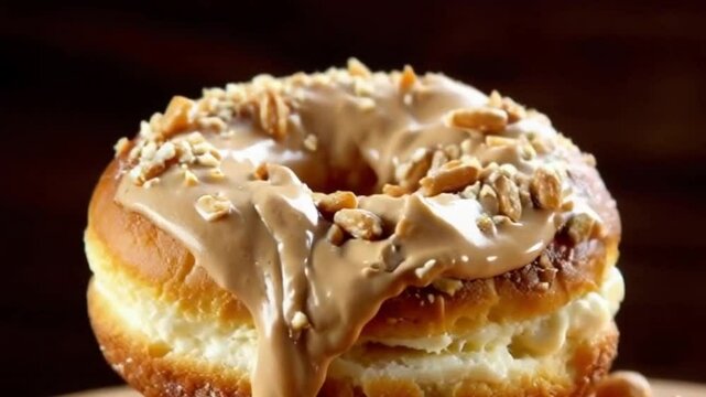 Peanut butter fragments flying from creamy cronut with nutty textures under a dark backdrop with earthy tones highlighting a dynamic burst