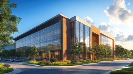 Obraz premium Modern office building with large glass windows surrounded by greenery and landscaping at sunset