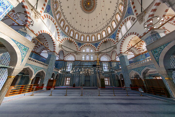 Interior of Rustem Pasa Mosque in Istanbul. Famous Rustem pasha mosque interior. Iznik blue tiles. Rustem Pasa Mosque most beautiful and classical