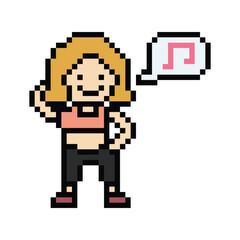 Cartoon pixel character cute woman exercises training dance lifestyle music decoration life style 8 bit female girl dance with music game 8bit fitness isolated PNG vector.