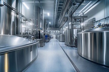 Modern dairy factory with steel tanks and automated production lines