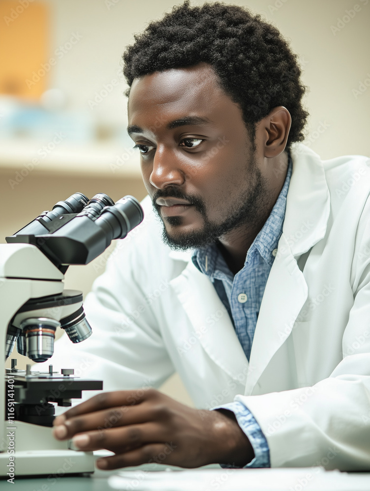 Poster focused scientist examining details through a microscope in a laboratory setting