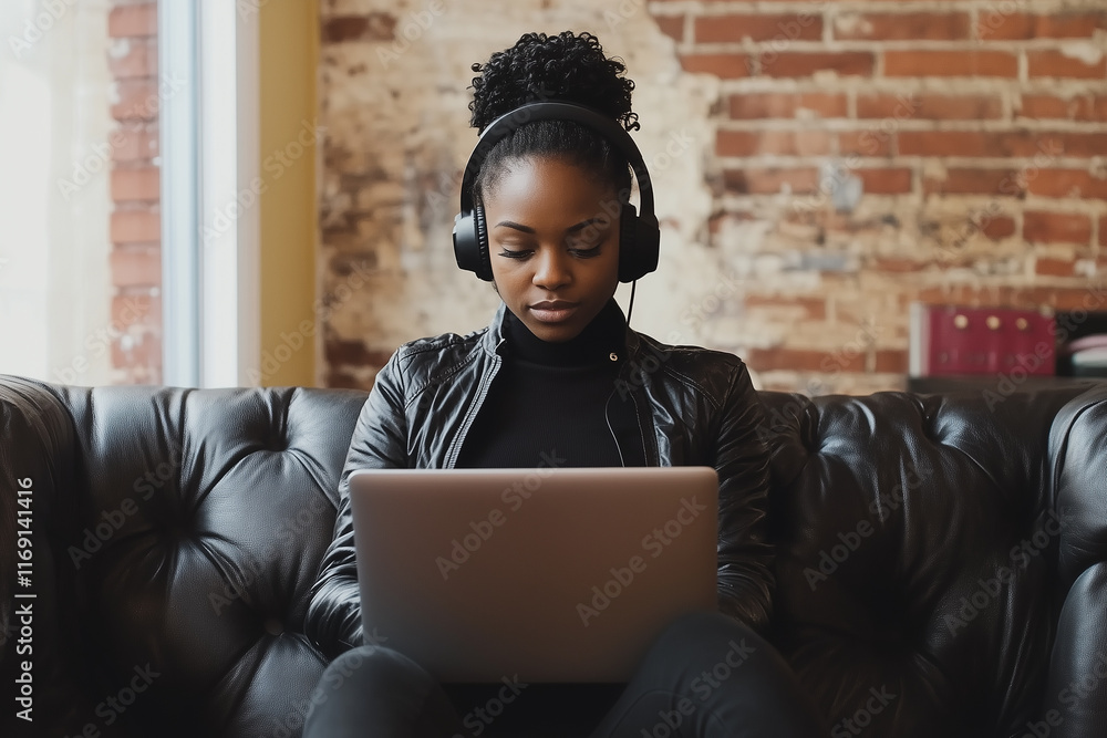 Poster remote worker in relaxed setting focused on laptop during a productive session in a stylish cafe wit