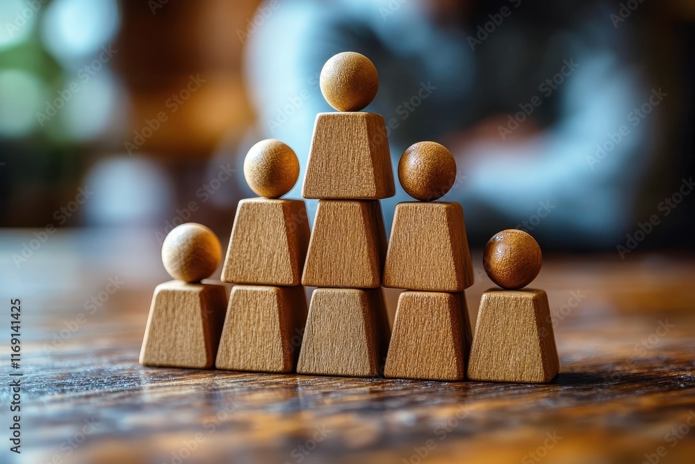 Poster wooden figurines arranged in a pyramid formation on a rustic table with a blurred background emphasi