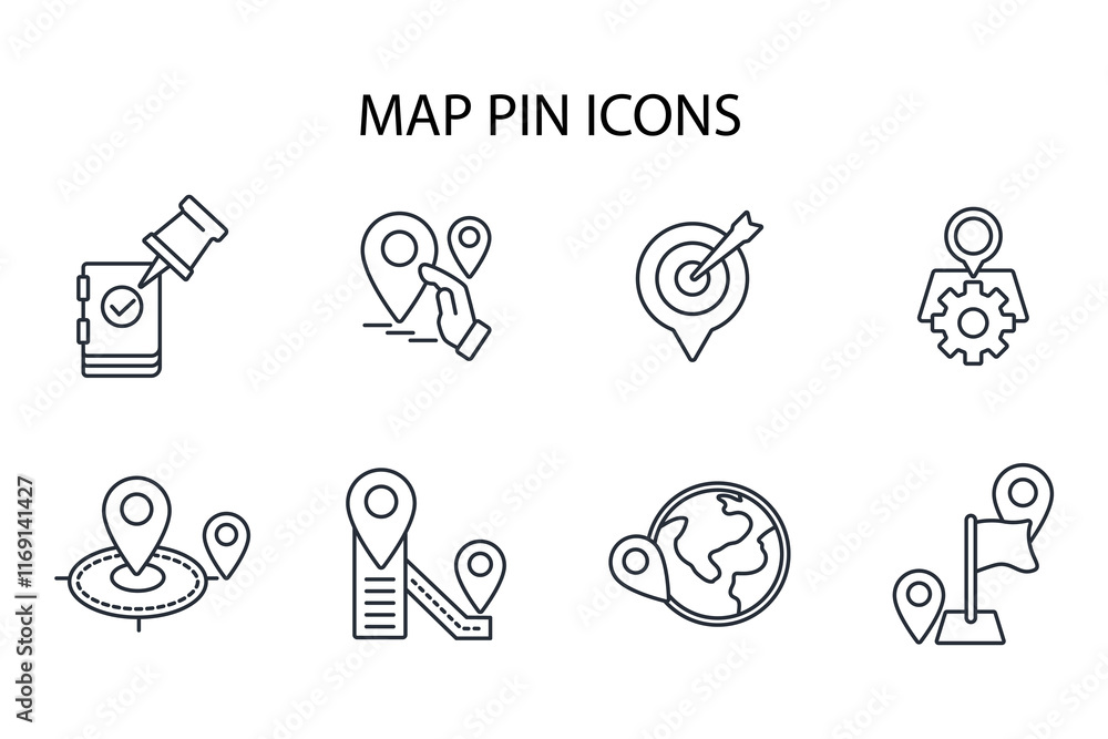 Poster map pin icon set.vector.editable stroke.linear style sign for use web design,logo.symbol illustratio