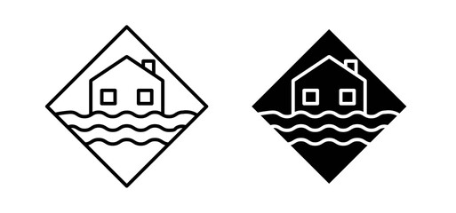 Flood disaster signs set in black and white colors