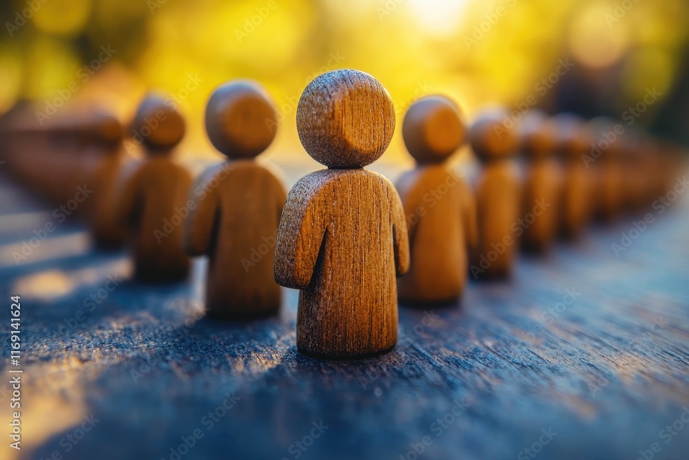 Poster wooden figures representing community engagement and connection in nature setting with soft backgrou