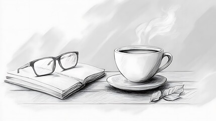A steaming cup of coffee rests near a book and glasses