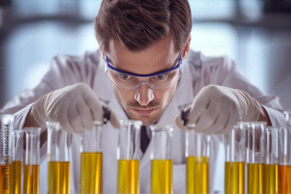 Poster focused scientist conducting experiments with test tubes in a laboratory setting during daylight hou