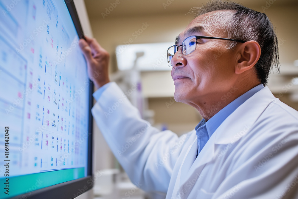 Poster researcher analyzing test results on computer in laboratory environment during daytime
