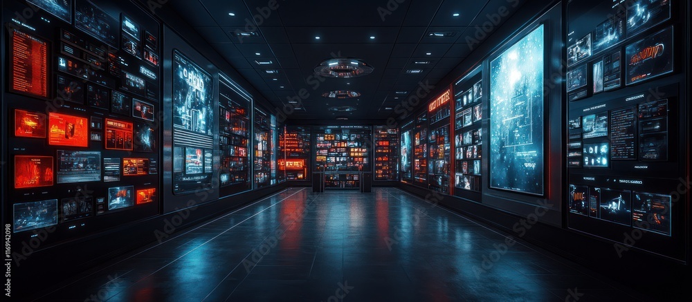 Poster futuristic corridor with glowing screens displaying various data and imagery.